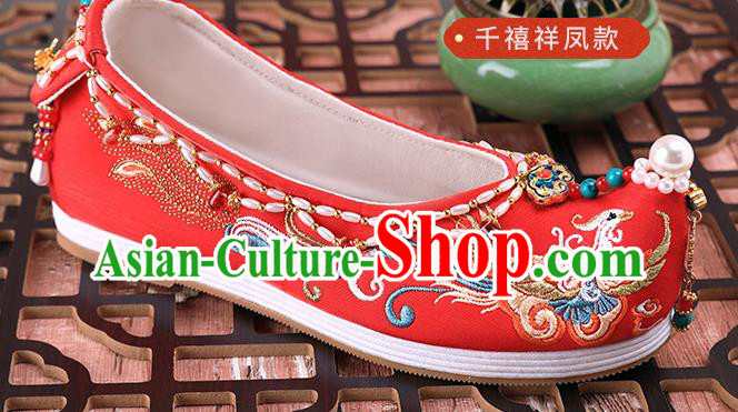 Chinese Traditional Hanfu Red Shoes Ancient Bride Wedding Pearls Shoes Embroidered Phoenix Shoes