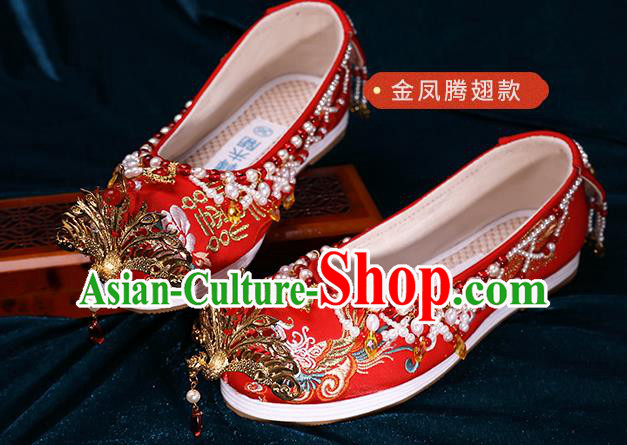 Chinese Traditional Hanfu Golden Phoenix Shoes Ancient Bride Wedding Shoes Red Embroidered Shoes
