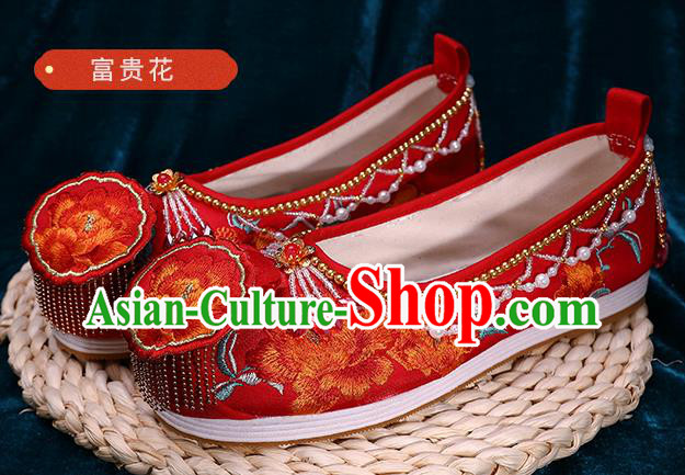 Chinese Traditional Hanfu Golden Beads Shoes Ancient Bride Red Shoes Wedding Embroidered Peony Shoes