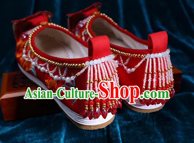 Chinese Traditional Hanfu Golden Beads Shoes Ancient Bride Red Shoes Wedding Embroidered Peony Shoes
