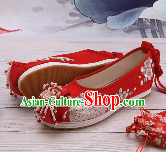 Chinese Traditional Hanfu Beads Tassel Shoes Ancient Princess Shoes Embroidered Red Shoes