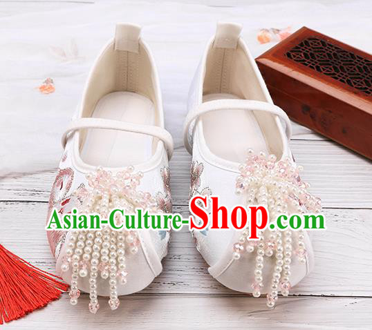 China Classical Hanfu Shoes Traditional Embroidered White Shoes for Kids