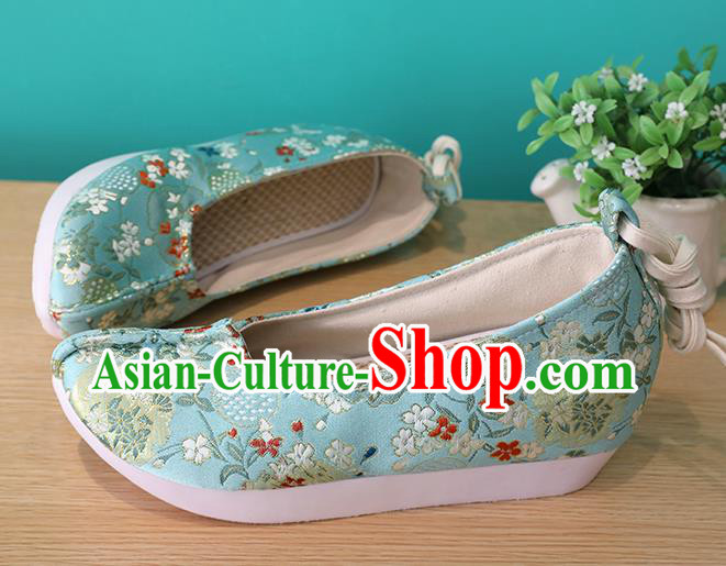Chinese Hanfu Shoes Traditional Ming Dynasty Princess Shoes Classical Blue Brocade Shoes