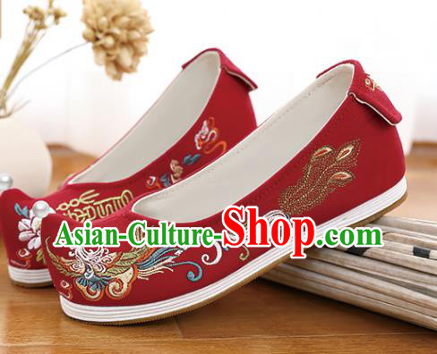 Chinese Traditional Wedding Shoes Hanfu Shoes Classical Embroidered Phoenix Red Shoes