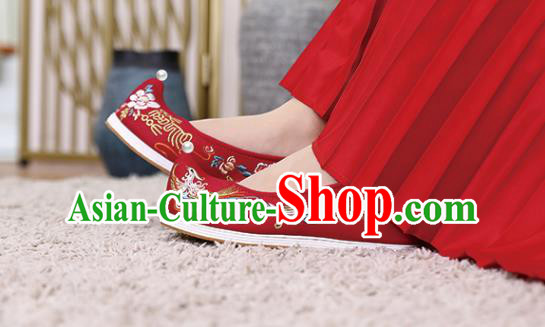 Chinese Traditional Wedding Shoes Hanfu Shoes Classical Embroidered Phoenix Red Shoes