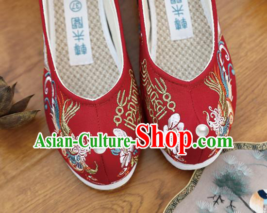 Chinese Traditional Wedding Shoes Hanfu Shoes Classical Embroidered Phoenix Red Shoes