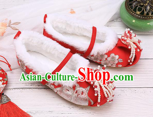 China Traditional Embroidered Shoes Classical Hanfu Red Shoes National Winter Shoes for Kids