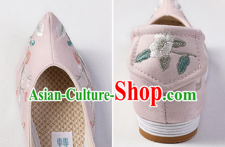 Chinese Handmade Embroidered Mangnolia Pink Shoes Traditional Ming Dynasty Princess Shoes