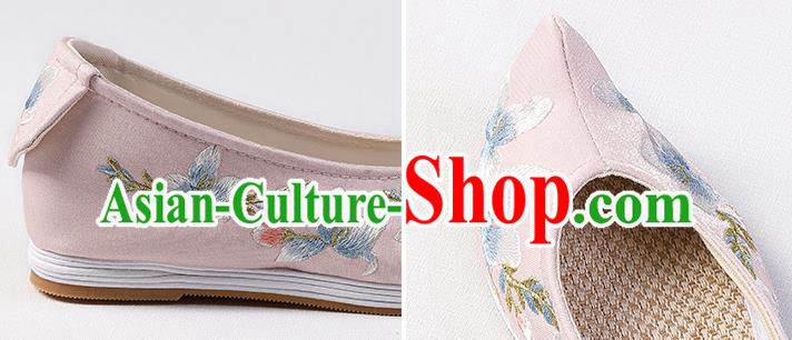 Chinese Handmade Embroidered Mangnolia Pink Shoes Traditional Ming Dynasty Princess Shoes