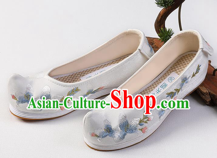 Chinese Traditional Hanfu Bow Shoes Ming Dynasty Princess Shoes Handmade Embroidered Mangnolia White Shoes