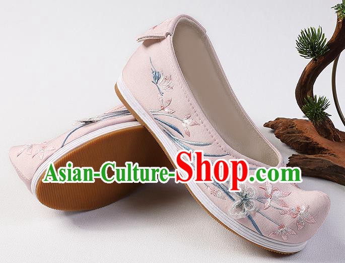 Chinese Handmade Embroidered Orchids Shoes Traditional Hanfu Bow Shoes Ming Dynasty Princess Pink Shoes