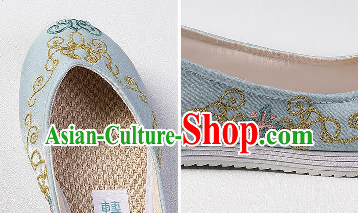 Chinese Traditional Women Shoes Handmade Hanfu Wedding Shoes Classical Embroidered Blue Satin Shoes