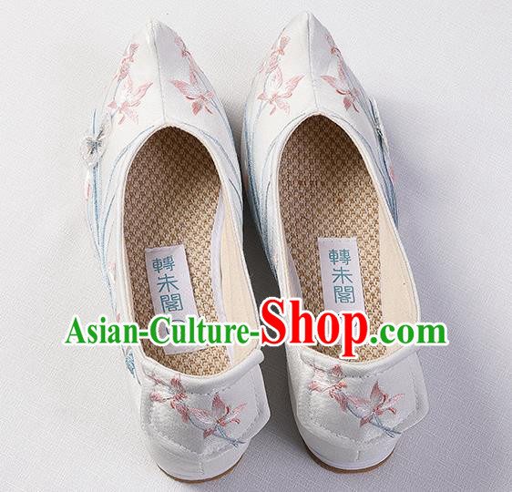Chinese Traditional Hanfu Bow Shoes Ming Dynasty Princess White Shoes Handmade Embroidered Orchids Shoes
