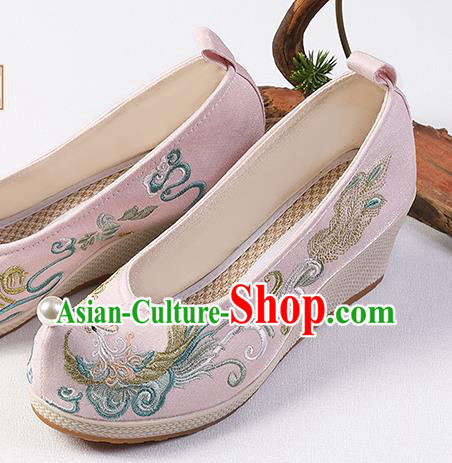 Chinese Traditional Wedge Heel Shoes Handmade Embroidered Phoenix Shoes Hanfu Pink Cloth Shoes
