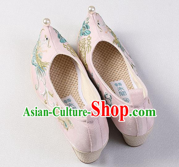 Chinese Traditional Wedge Heel Shoes Handmade Embroidered Phoenix Shoes Hanfu Pink Cloth Shoes
