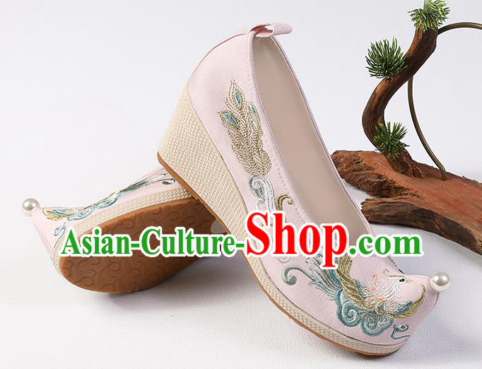 Chinese Traditional Wedge Heel Shoes Handmade Embroidered Phoenix Shoes Hanfu Pink Cloth Shoes