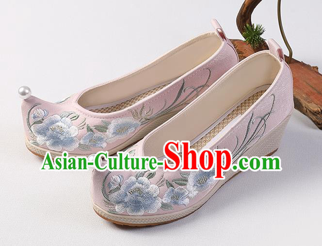 Chinese Hanfu Pink Cloth Shoes Traditional Wedge Heel Shoes Handmade Embroidered Peony Shoes