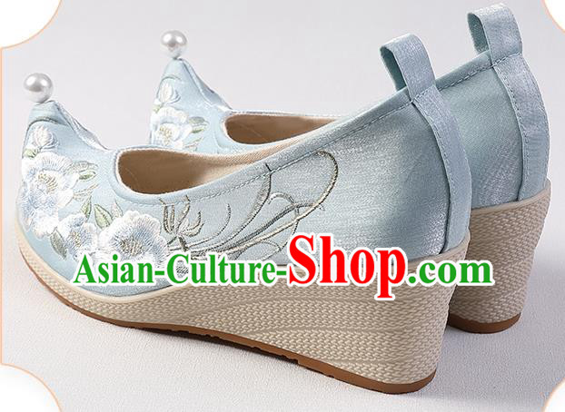 Chinese Hanfu Blue Satin Shoes Handmade Embroidered Peony Shoes Traditional Wedge Heel Shoes