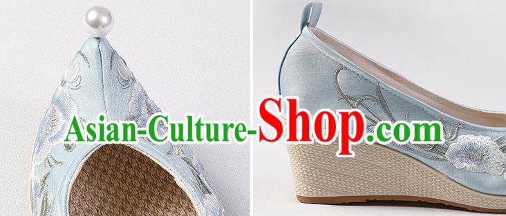 Chinese Hanfu Blue Satin Shoes Handmade Embroidered Peony Shoes Traditional Wedge Heel Shoes