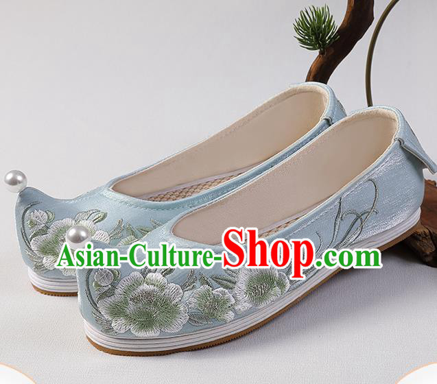 Chinese Handmade Embroidered Peach Blossom Shoes Traditional Hanfu Shoes Blue Satin Bow Shoes