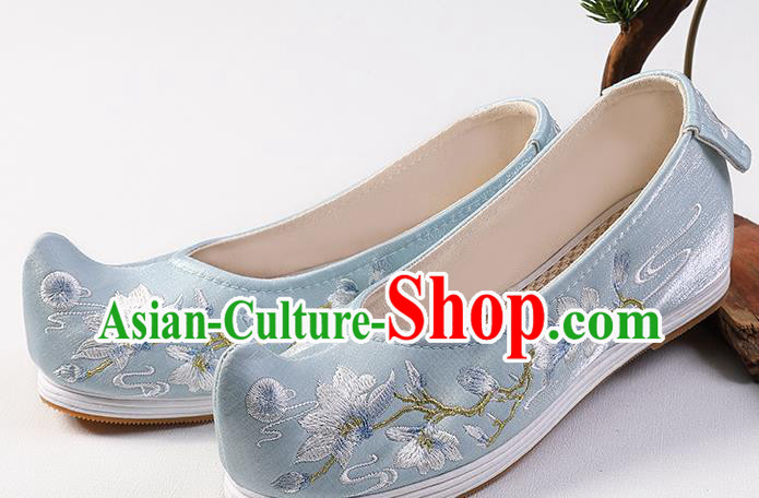 Chinese Traditional Ming Dynasty Hanfu Shoes Blue Satin Bow Shoes Embroidered Mangnolia Shoes