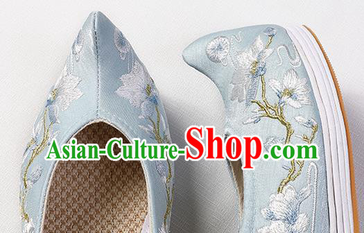 Chinese Traditional Ming Dynasty Hanfu Shoes Blue Satin Bow Shoes Embroidered Mangnolia Shoes