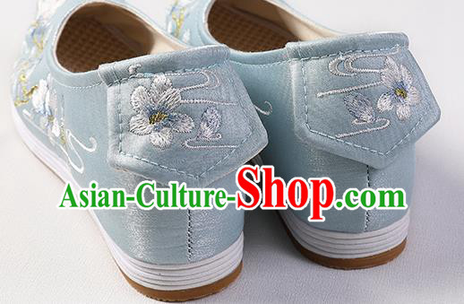 Chinese Traditional Ming Dynasty Hanfu Shoes Blue Satin Bow Shoes Embroidered Mangnolia Shoes