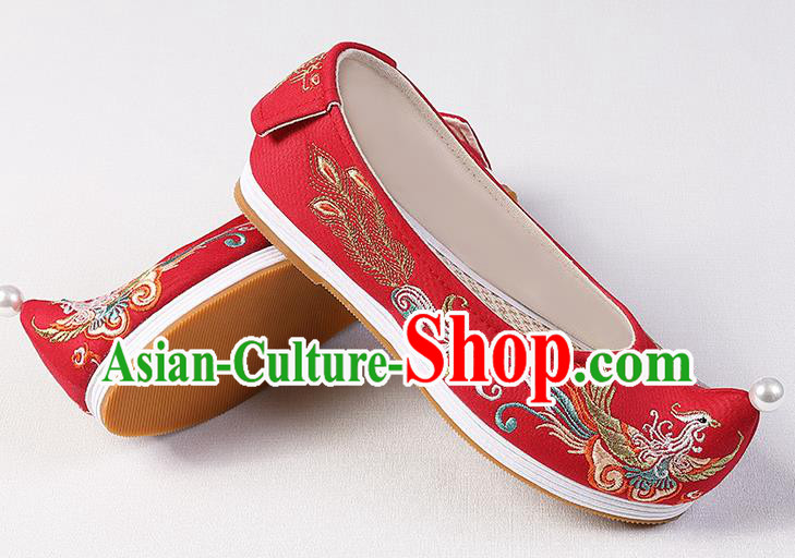 Chinese Handmade Embroidered Phoenix Red Cloth Shoes Traditional Women Shoes Classical Wedding Shoes