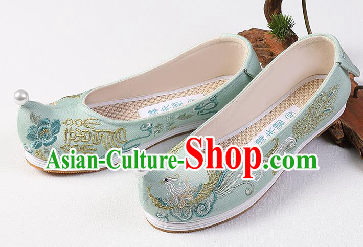 Chinese Traditional Women Shoes Handmade Embroidered Phoenix Green Cloth Shoes Classical Bow Shoes
