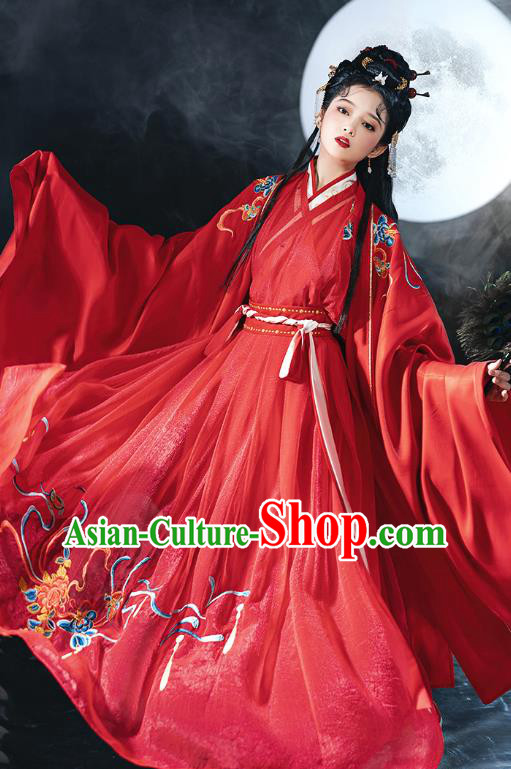 China Ancient Court Woman Red Hanfu Dress Clothing Traditional Jin Dynasty Wedding Historical Costume Complete Set