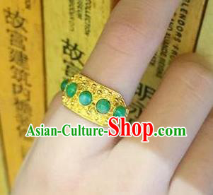 China Traditional Court Chrysoprase Beads Ring Ancient Qing Dynasty Golden Circlet