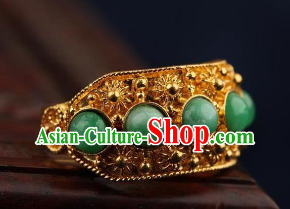 China Traditional Court Chrysoprase Beads Ring Ancient Qing Dynasty Golden Circlet