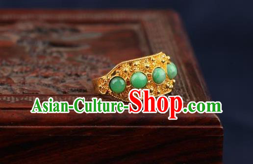 China Traditional Court Chrysoprase Beads Ring Ancient Qing Dynasty Golden Circlet