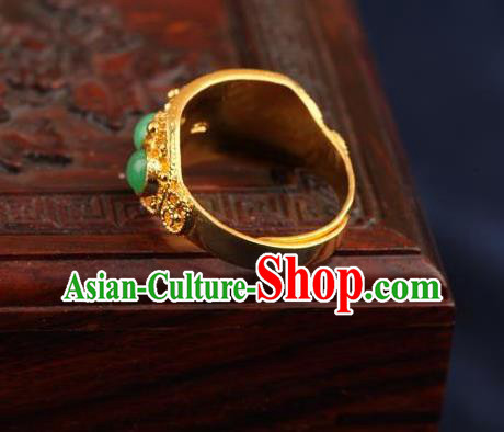 China Traditional Court Chrysoprase Beads Ring Ancient Qing Dynasty Golden Circlet