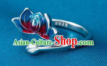 China Traditional Court Silver Ring Ancient Princess Cloisonne Lotus Circlet