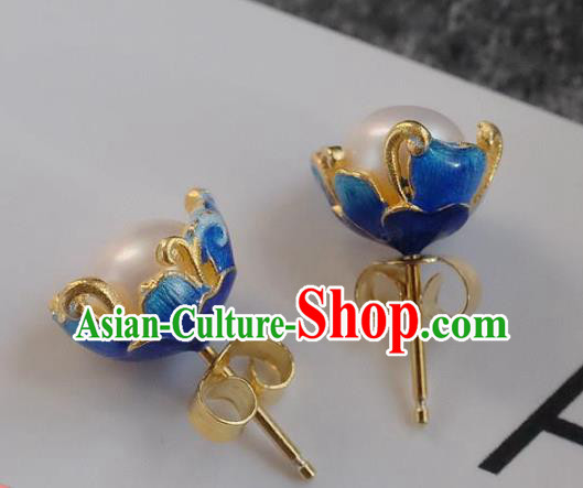 China National Pearl Earrings Traditional Cheongsam Blueing Lotus Ear Accessories