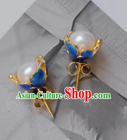 China National Pearl Earrings Traditional Cheongsam Blueing Lotus Ear Accessories