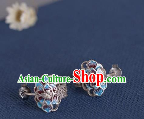 China National Silver Peony Earrings Traditional Cheongsam Blueing Ear Accessories