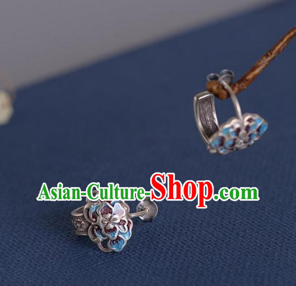 China National Silver Peony Earrings Traditional Cheongsam Blueing Ear Accessories