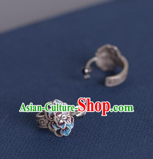 China National Silver Peony Earrings Traditional Cheongsam Blueing Ear Accessories