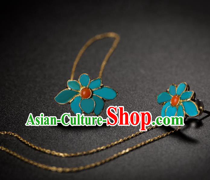 China National Agate Earrings Traditional Qing Dynasty Empress Blue Lotus Ear Accessories
