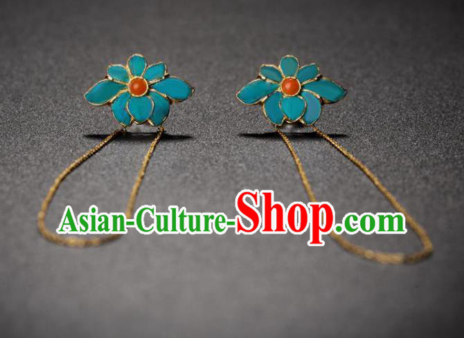 China National Agate Earrings Traditional Qing Dynasty Empress Blue Lotus Ear Accessories