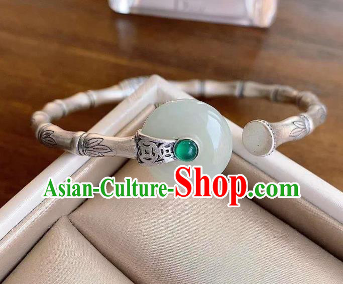 Chinese Classical Silver Bamboo Bracelet Handmade Jade Ring Bangle Jewelry Accessories