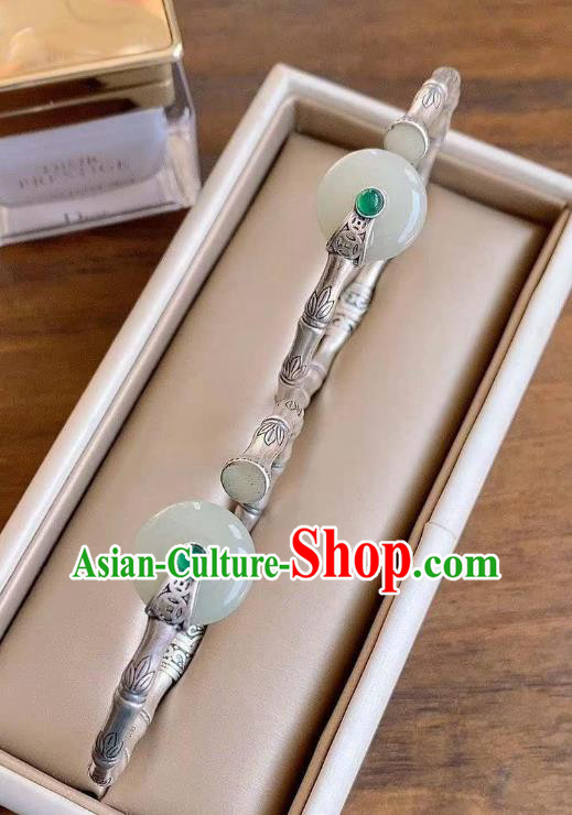 Chinese Classical Silver Bamboo Bracelet Handmade Jade Ring Bangle Jewelry Accessories