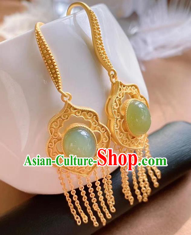 China Traditional Cheongsam Jade Ear Accessories National Golden Tassel Earrings