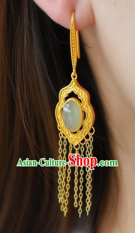 China Traditional Cheongsam Jade Ear Accessories National Golden Tassel Earrings