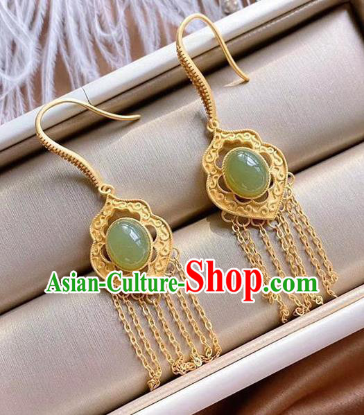 China Traditional Cheongsam Jade Ear Accessories National Golden Tassel Earrings