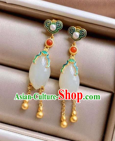 China Traditional Cheongsam White Jade Ear Accessories National Qing Dynasty Court Tassel Earrings