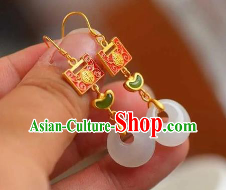 China Traditional Cheongsam Enamel Red Lock Ear Accessories National Wedding Jade Earrings