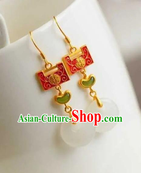 China Traditional Cheongsam Enamel Red Lock Ear Accessories National Wedding Jade Earrings